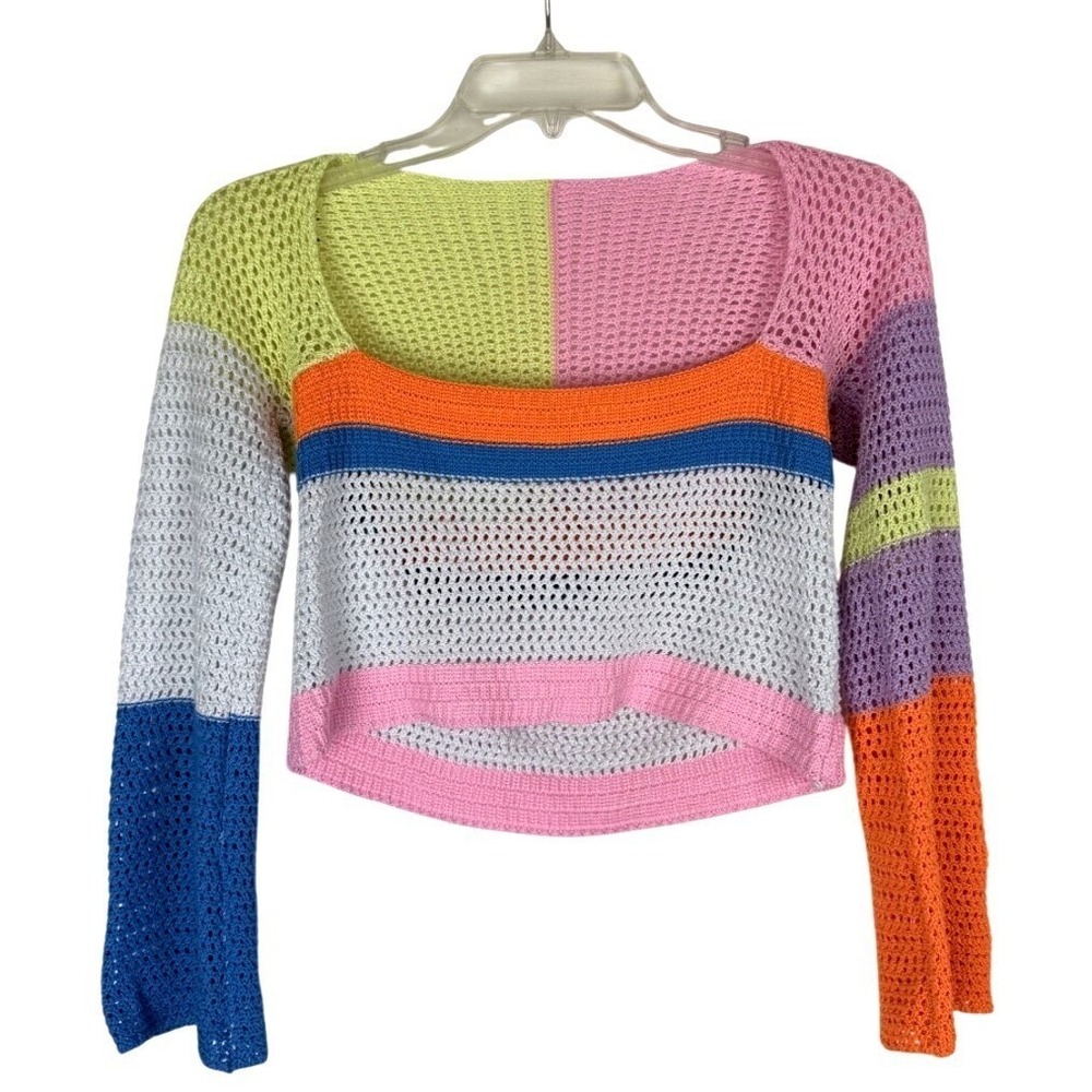 Crochet Color Block Flare Sleeve Cropped Top Small Festival Y2K 90s Neon